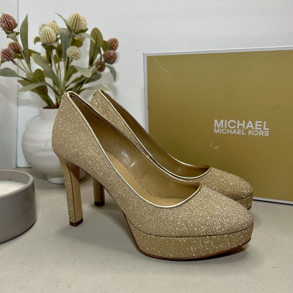 Michael Kors Chantal Platform Pump Fine Glitter Pale Gold 40F3CNMP2B Women's 7M - Picture 1 of 10